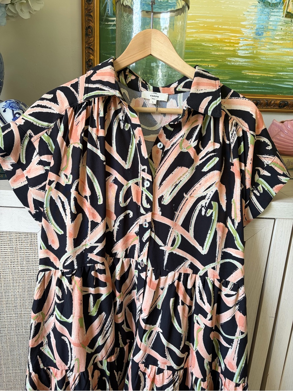 entro Black Midi Dress with Pink Brushstroke Print - Picture 3 of 8